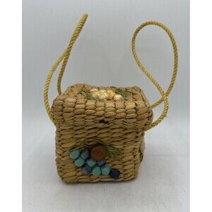 Vintage Basket Purse Handbag Woven Straw Philippines Flowers Handles MCM Boho